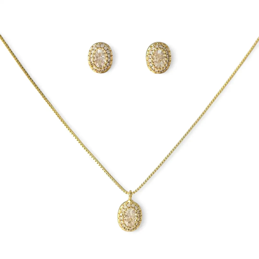 Conjunto Oval Zircônias Banhado a Ouro 18k com Microzircônias ao Redor