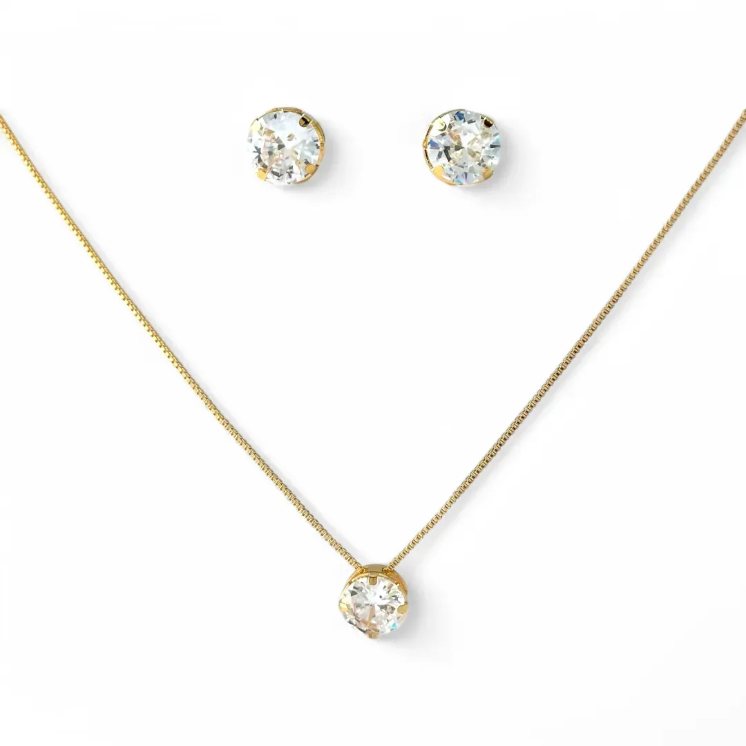 Conjunto Ponto de Luz Redondo Cristal Banhado a Ouro 18k com Zircônias