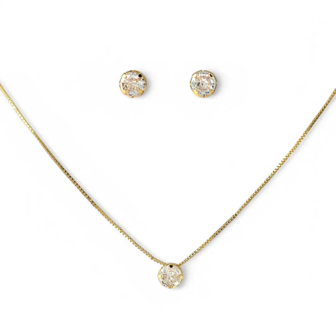 Conjunto Ponto de Luz Redondo Cristal Banhado a Ouro 18k com Zircônias