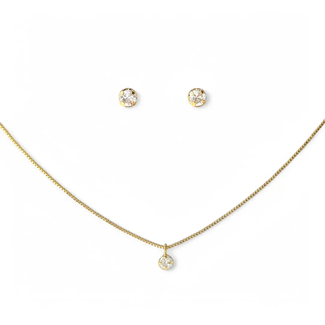 Conjunto Ponto de Luz Redondo Cristal Banhado a Ouro 18k com Zircônias - 4mm