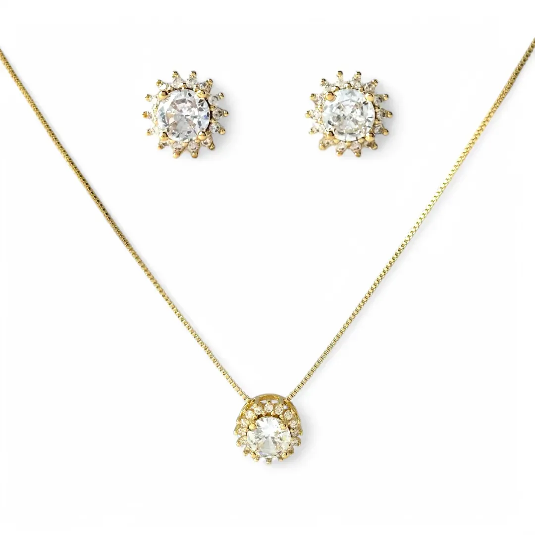 Conjunto Redondo Cristal Banhado a Ouro 18k com Microzircônias ao Redor