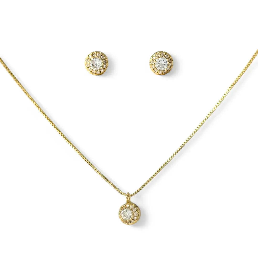 Conjunto Redondo Cristal Banhado a Ouro 18k com Microzircônias ao Redor