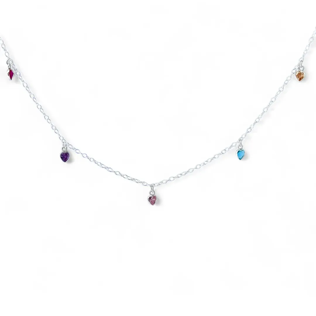 Colar Choker Corações Prata 925 com Zircônias Coloridas - 40cm