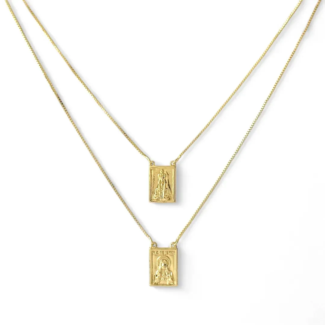 Corrente Escapulário Nossa Senhora do Carmo/Sagrado Coração Jesus/Nossa Senhora Banhado a Ouro 18k
