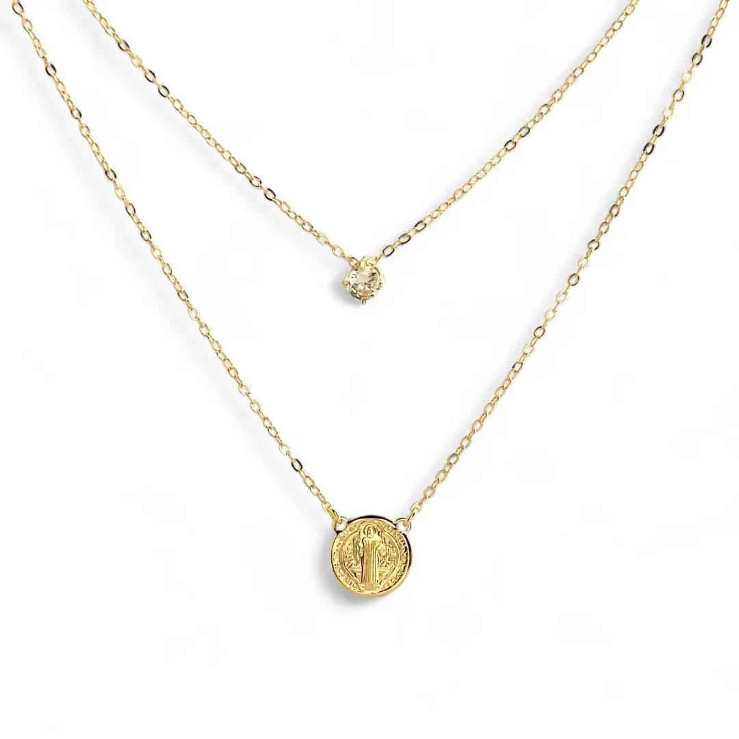 Corrente Escapulário São Bento/ Zircônia  Banhado a Ouro 18k