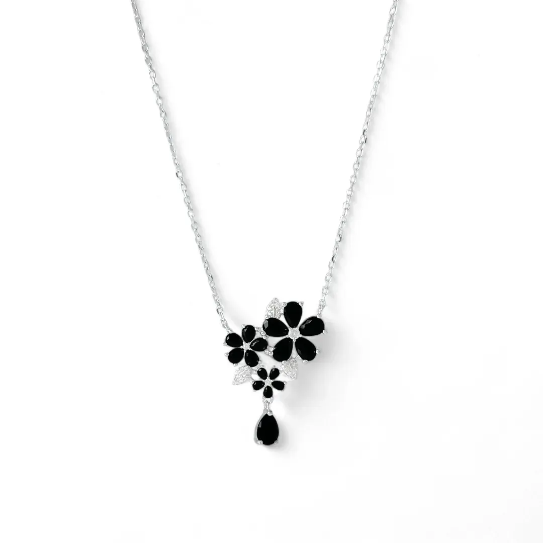 Colar Flores Prata 925 Flor/Gota com Zircônias Pretas