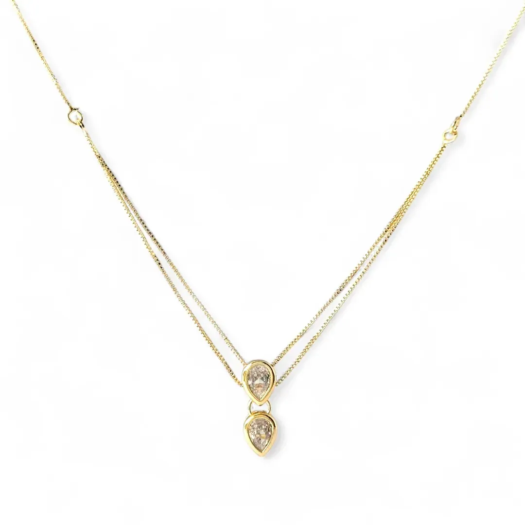 Colar Corrente Veneziana Dupla Gota Zircônia Banhada a Ouro 18K