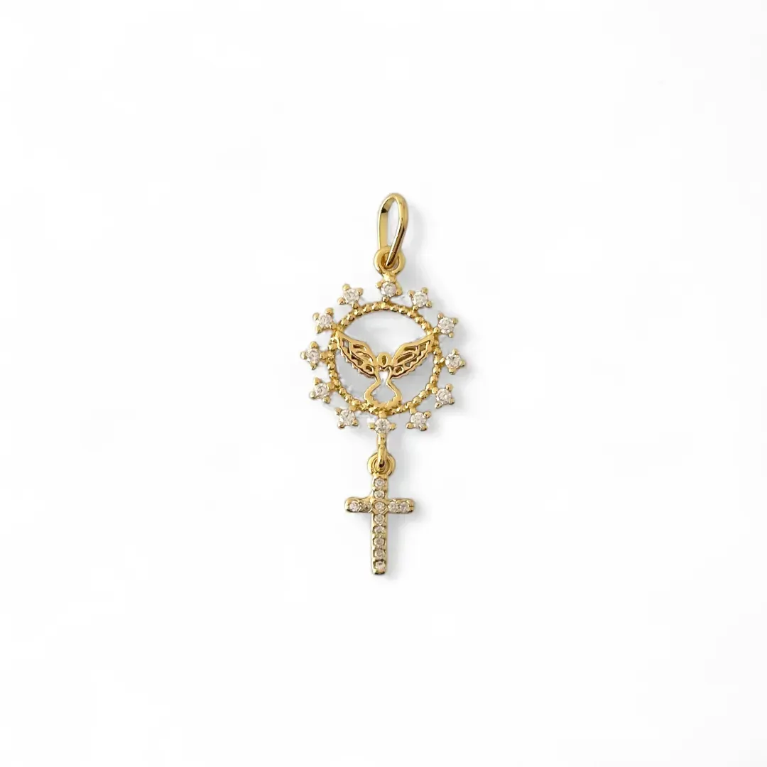 Pingente Espírito Santo Banhado a Ouro 18k com Medalha e Cruz com Zircônias