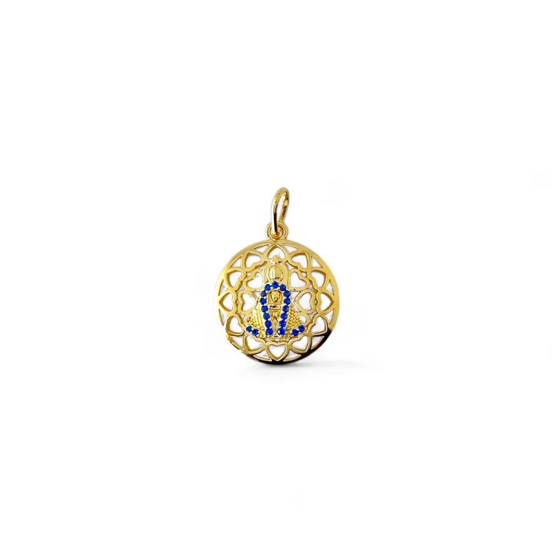 Pingente Medalha Vazada N. Senhora  Banhada a Ouro 18K Zircônia Azul