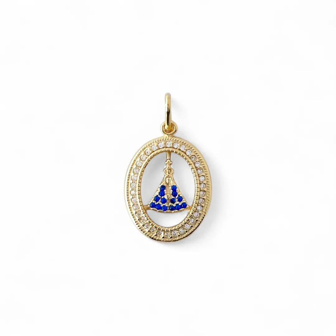 Pingente Nossa Senhora Banhado a Ouro 18k Oval com Zircônias Azul e Cristal