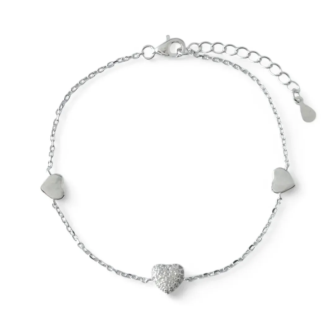 Pulseira 3 Corações Prata 925 Liso/Zircônias