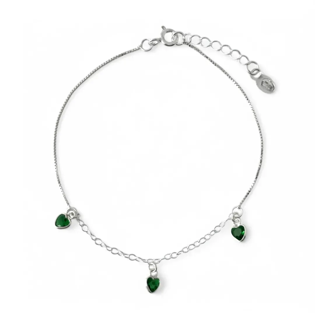 Pulseira 3 Corações Prata 925 Zircônias Verde
