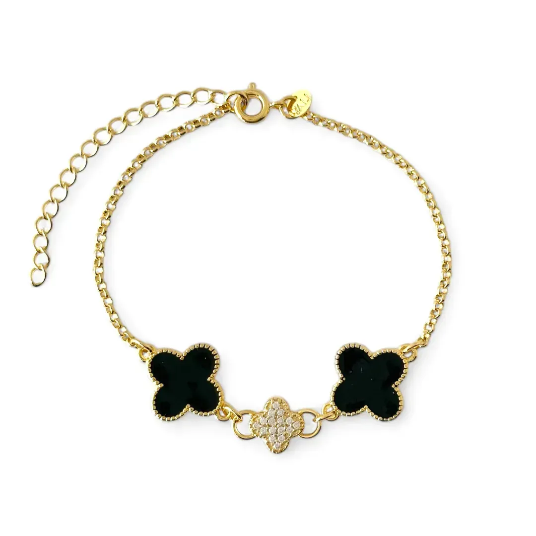 Pulseira Banhada a Ouro 18k Trevos Preto e com Zircônias Coleção Virginia