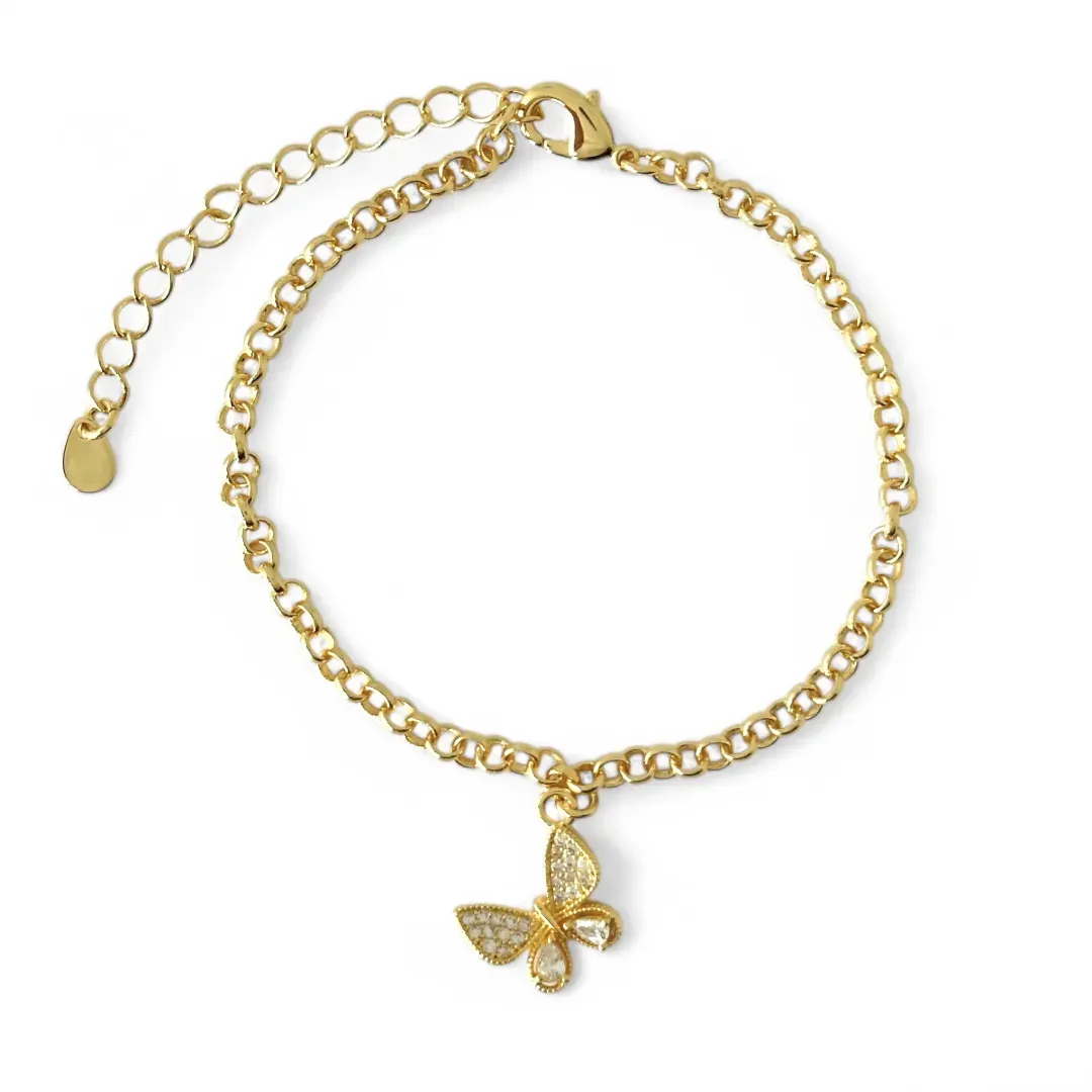 Pulseira Borboleta Elo Português Banhada a Ouro 18k com Zircônias