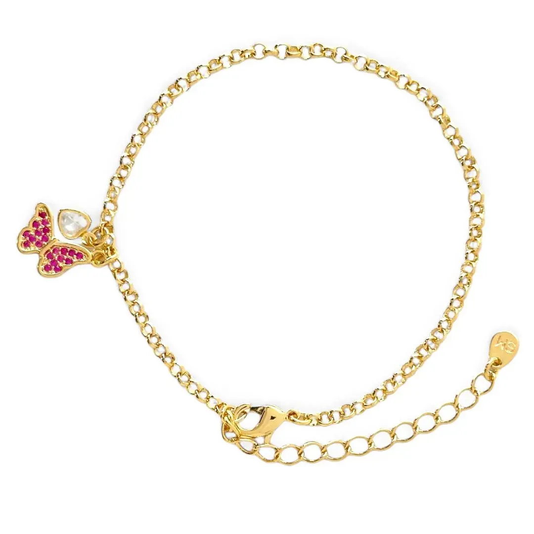 Pulseira  Borboleta Rosa Banhada a Ouro 18K Zircônia