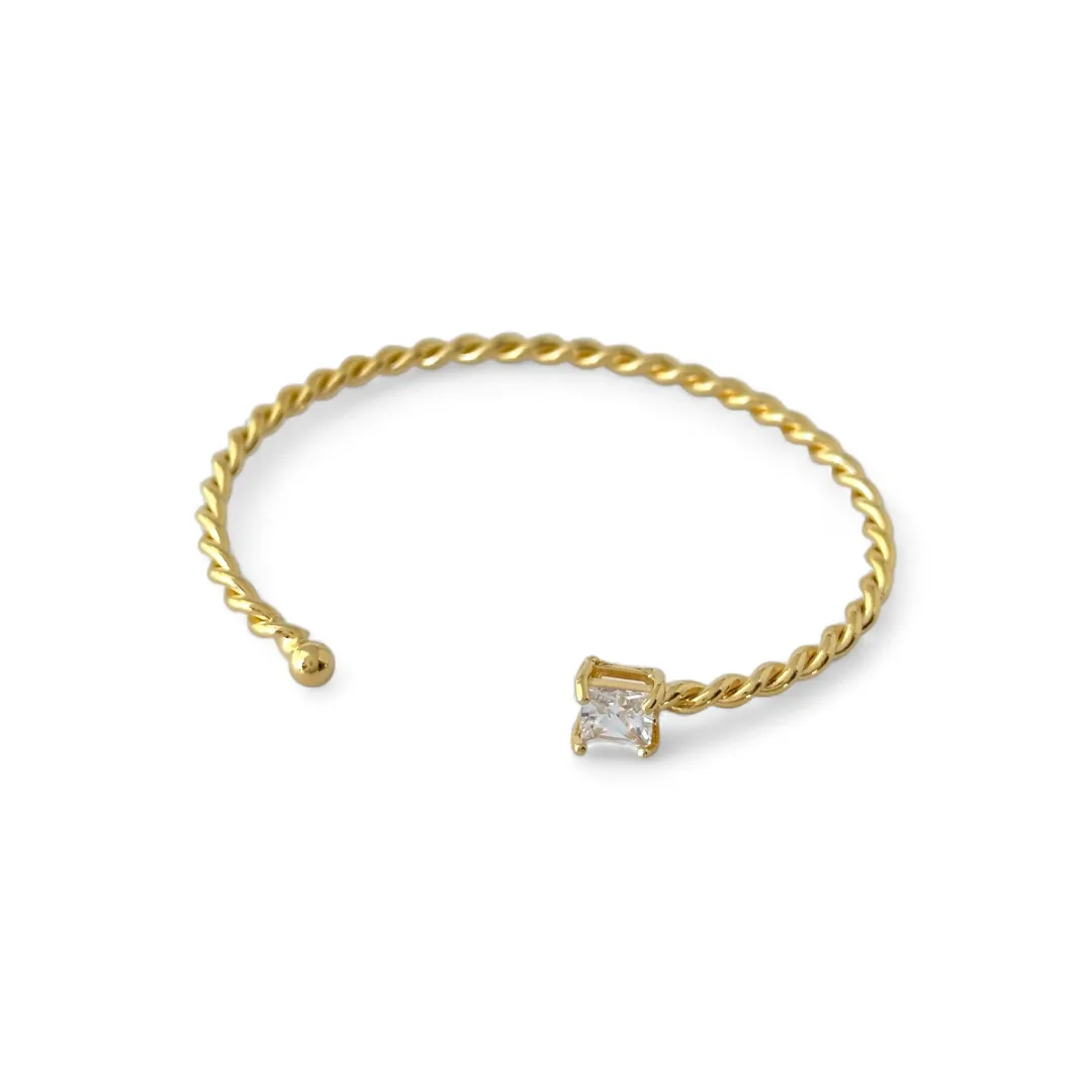 Pulseira Bracelete Aberto Torcido Banhado a Ouro 18k com Zircônia Quadrada e Bola Lisa