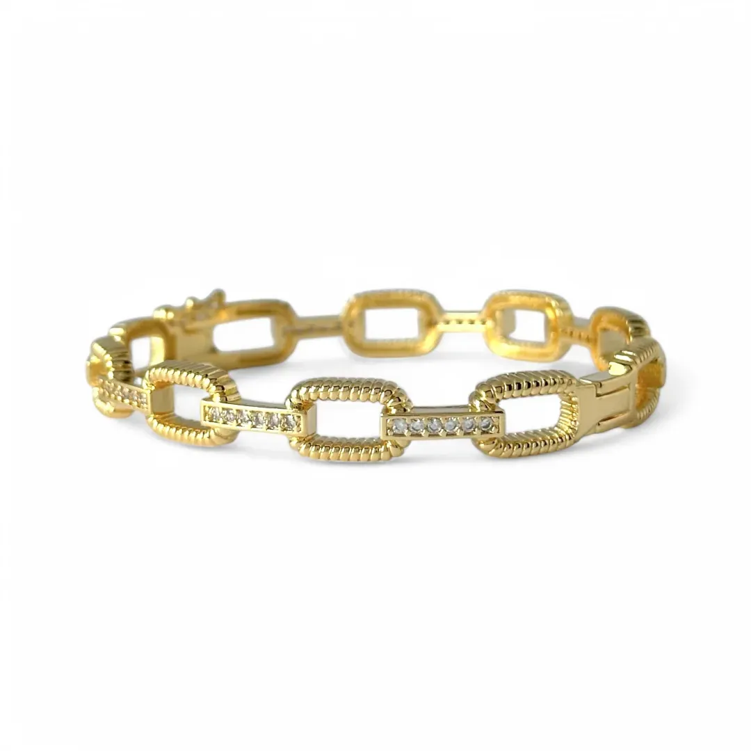 Pulseira Bracelete Elos Banhado a Ouro 18k Trabalhado com Detalhes e Zircônias
