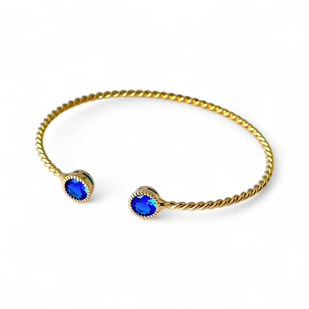 Pulseira Bracelete Torcido Aberto Banhado a Ouro 18k com Zircônias Azul