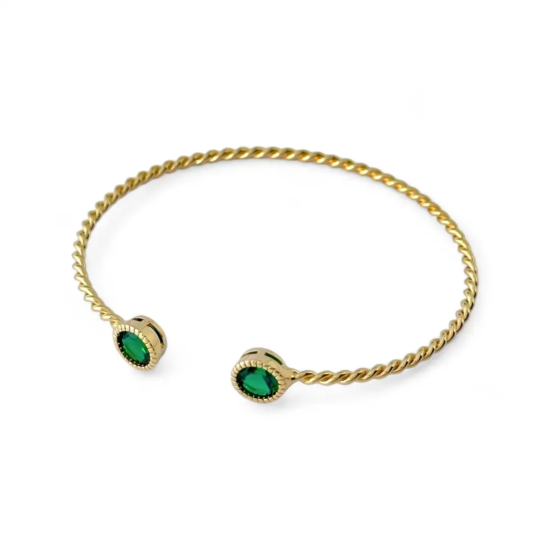 Pulseira Bracelete Torcido Aberto Banhado a Ouro 18K Zircônia Verde