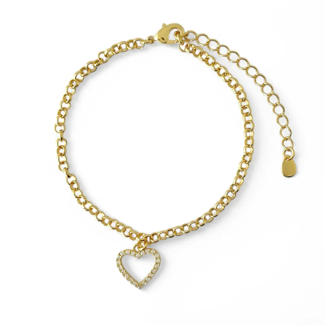 Pulseira Coração Elo Português Banhada a Ouro 18k com Zircônias