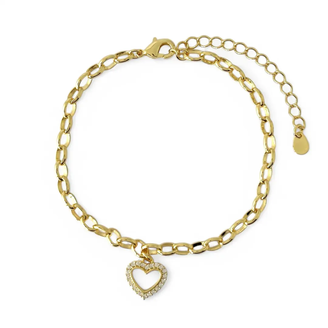 Pulseira Coração Estilo Elo Português Banhada a Ouro 18k com Zircônias