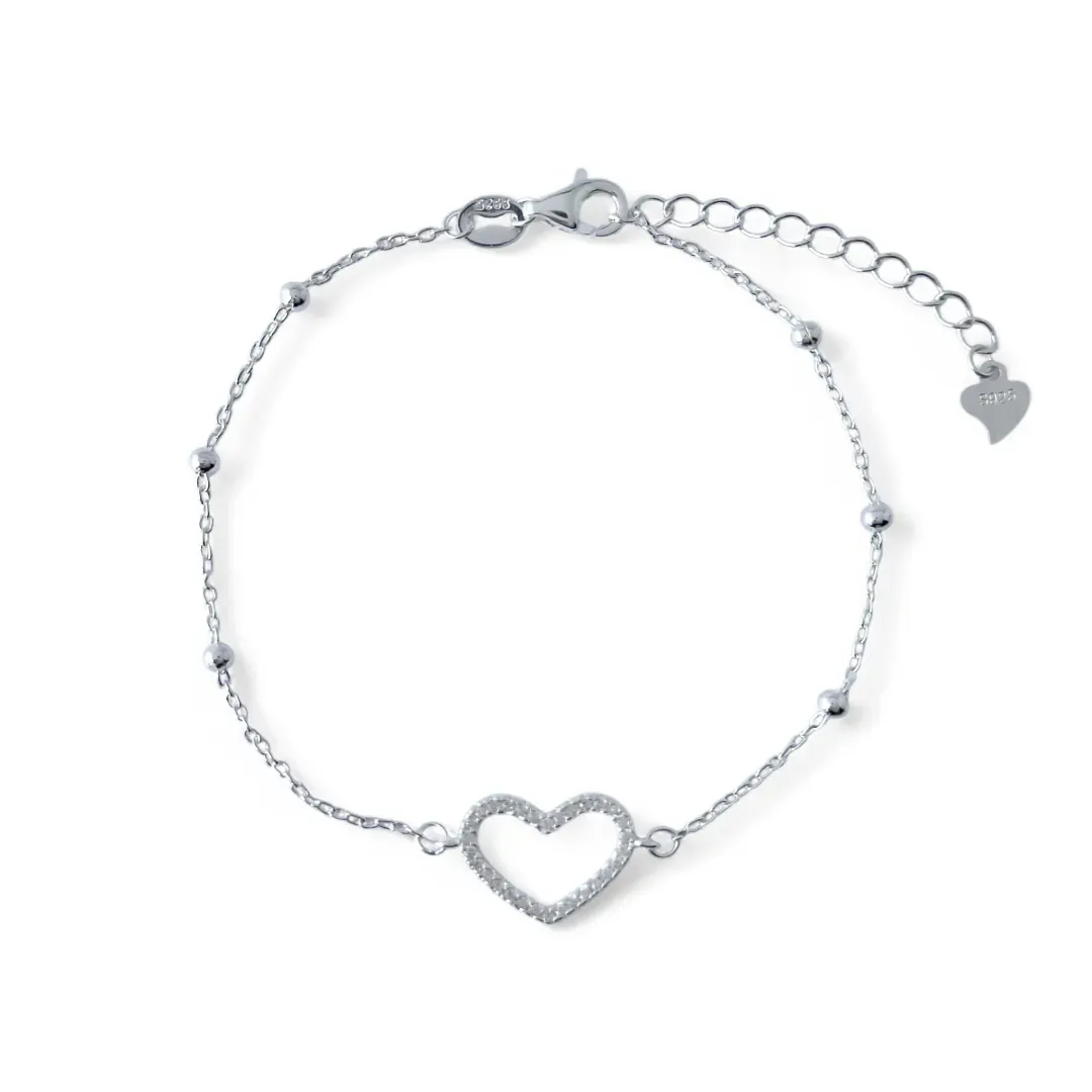 Pulseira Coração Prata 925 com Bolinhas e Zircônias
