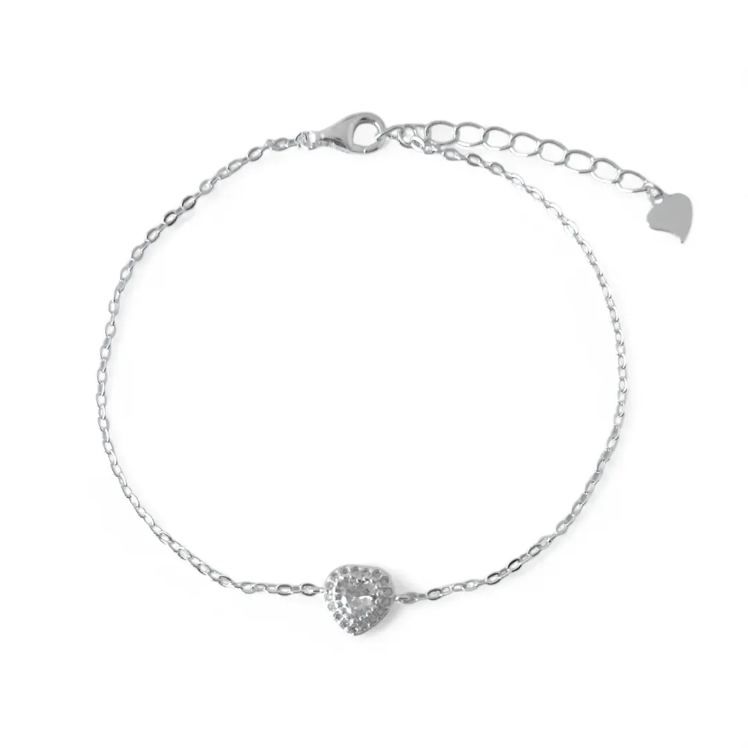 Pulseira Coração Prata 925 Cravejada com Zircônias