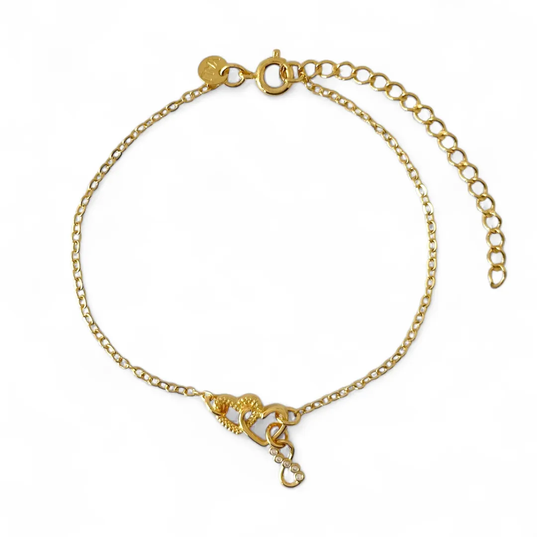Pulseira Corações Entrelaçado Banhada a Ouro 18k com Infinito Pendurado