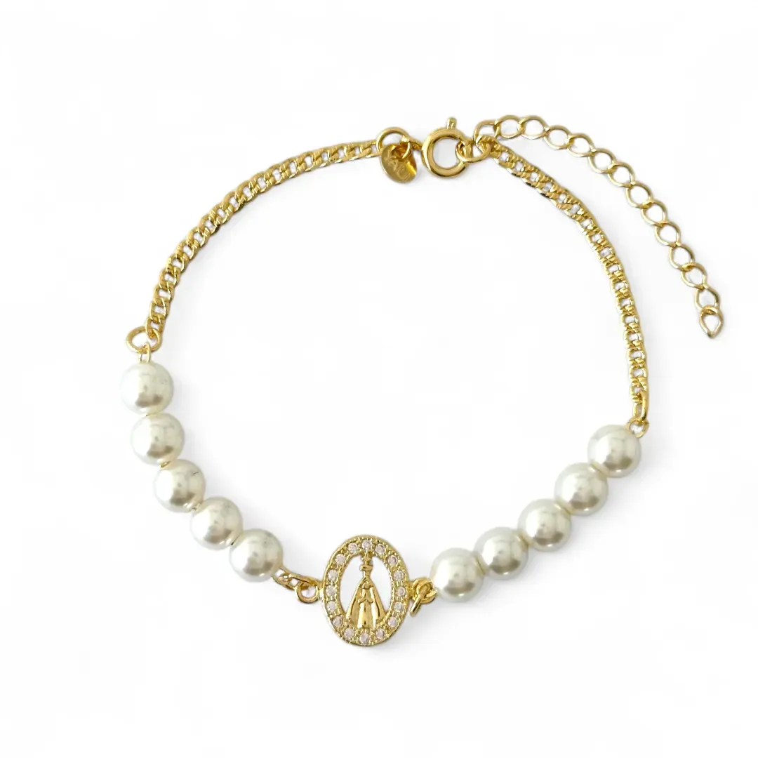 Pulseira de Pérolas com Nossa Senhora Banhada a Ouro 18k com Medalha e Zircônias