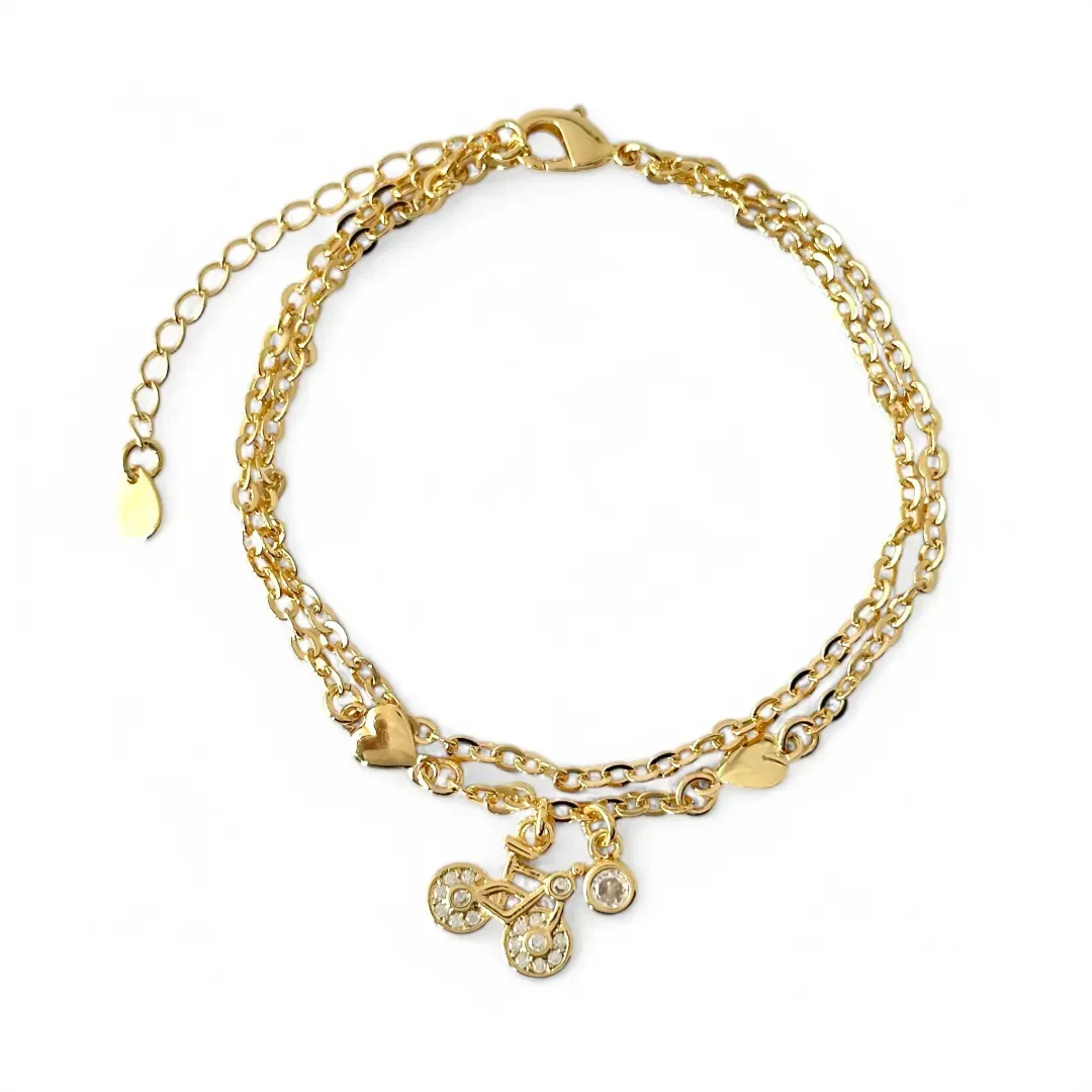 Pulseira Dupla  Banhada a Ouro 18K Coração Liso/Bicicleta Zircônia