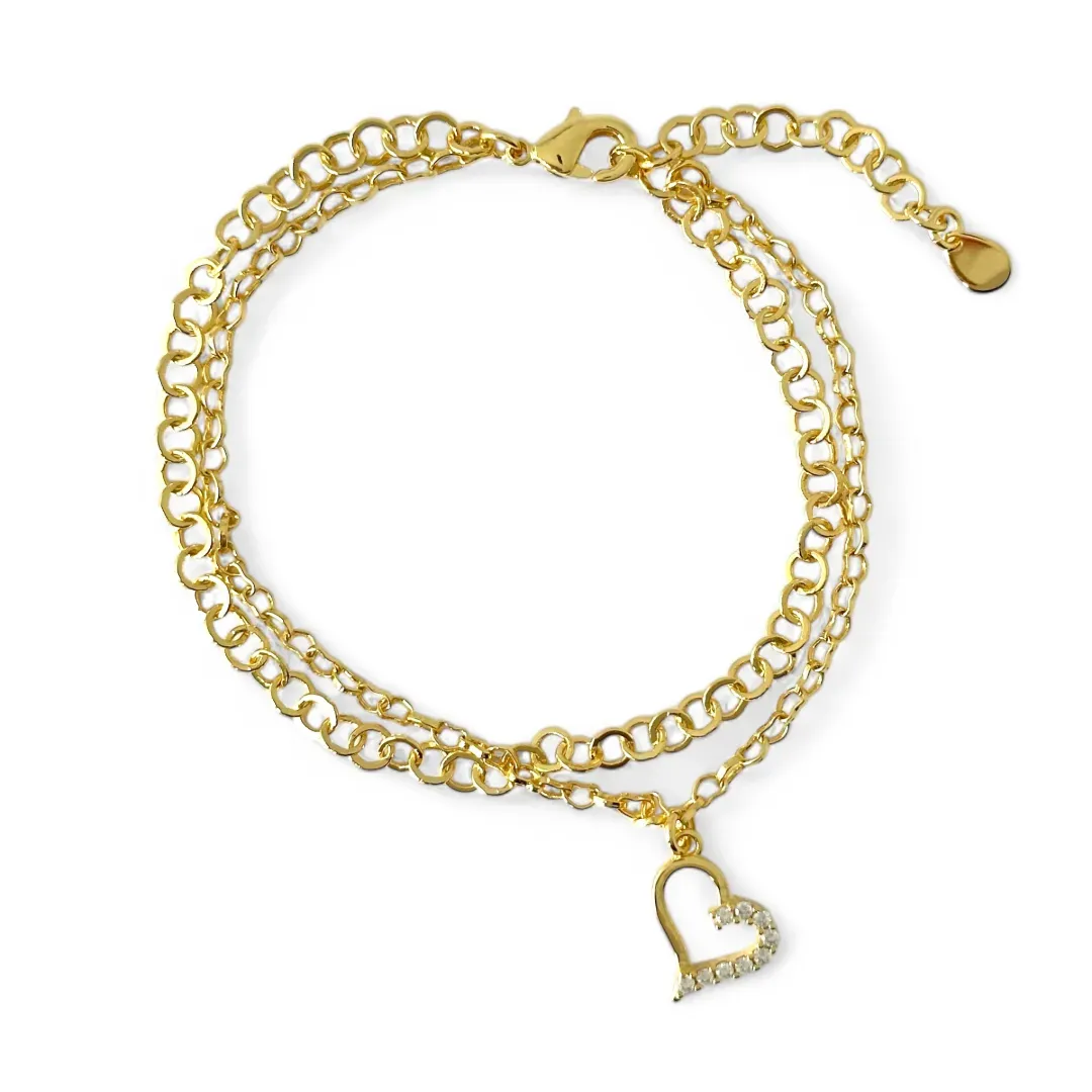Pulseira Dupla Banhada a Ouro 18k Elo Coração/Português com Coração e Zircônias