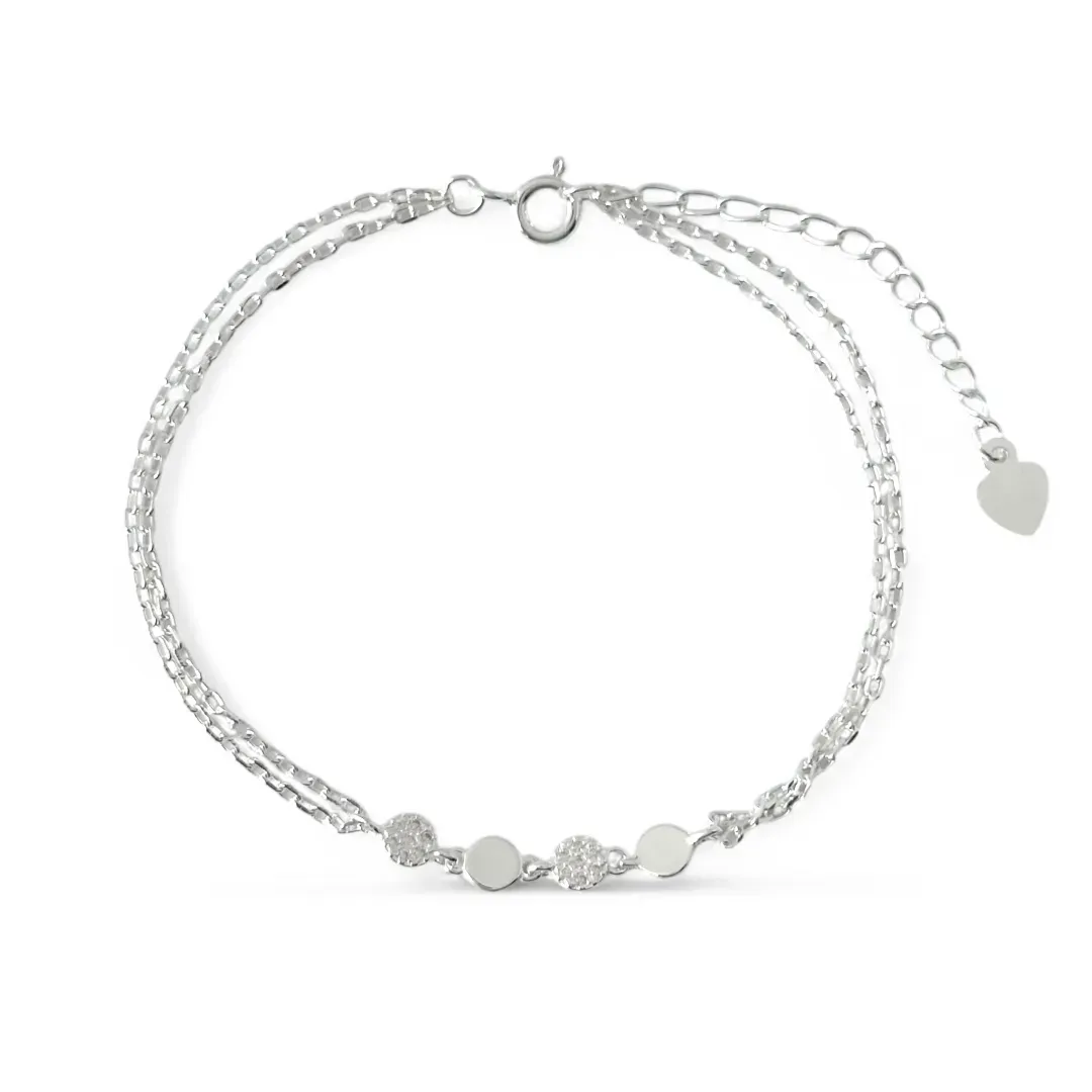 Pulseira Dupla Círculos Prata 925 Circulo Liso/Zircônias