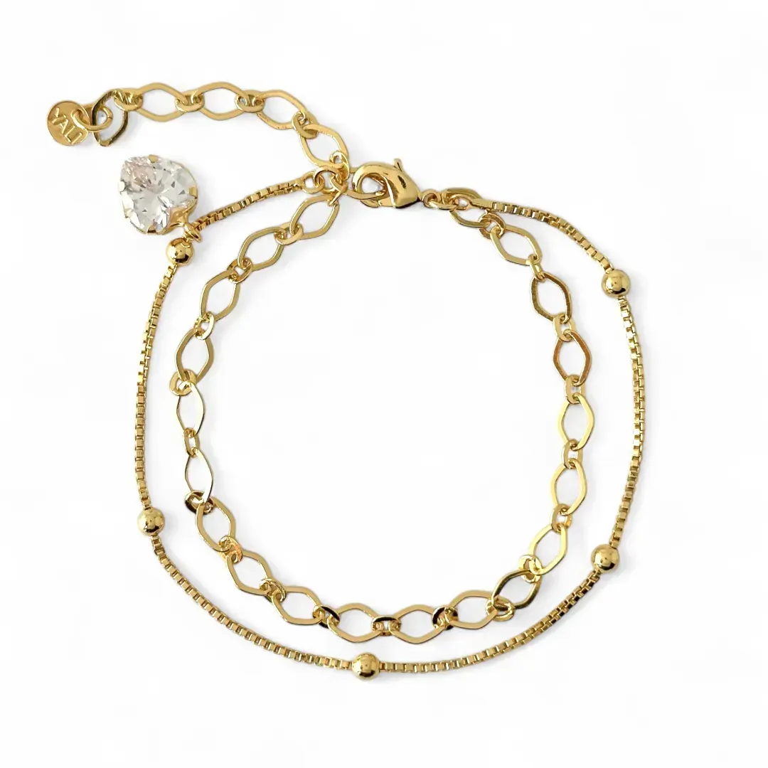 Pulseira Dupla Coração Veneziana e Elos Banhada a Ouro 18k com Bolas Lisas e Zircônia