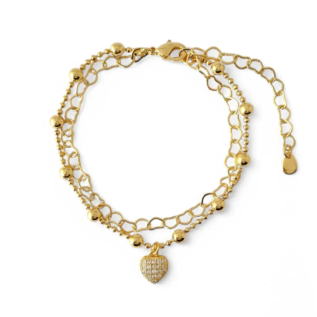 Pulseira Dupla Elo de Coração e Bolinha Banhada a Ouro 18k com Coração com Zircônias Pendurado