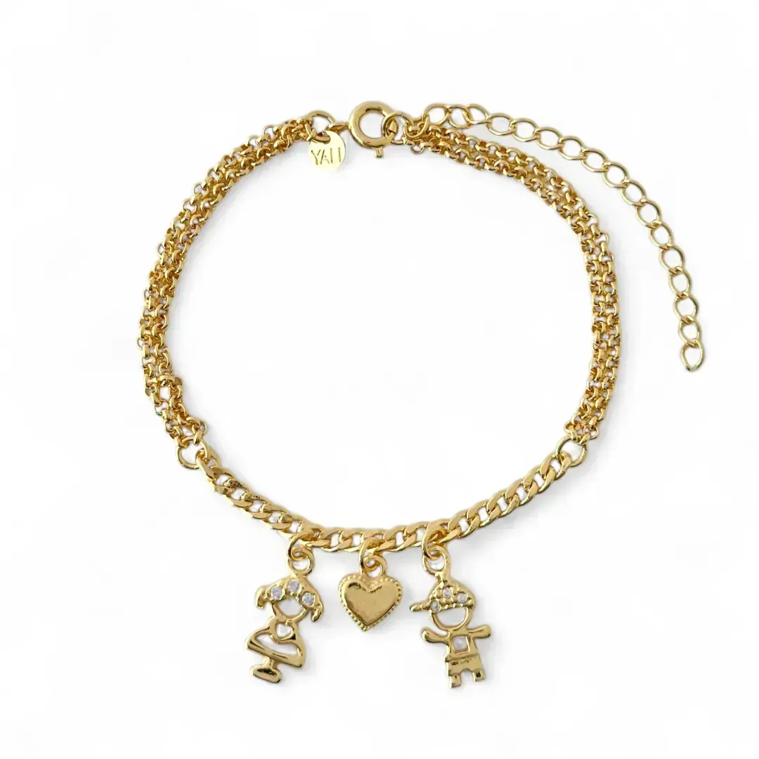 Pulseira Dupla Elo Português Banhada a Ouro 18k Casal Menino e Menina com Zircônias + Coração 17cm + 5cm (alongador)
