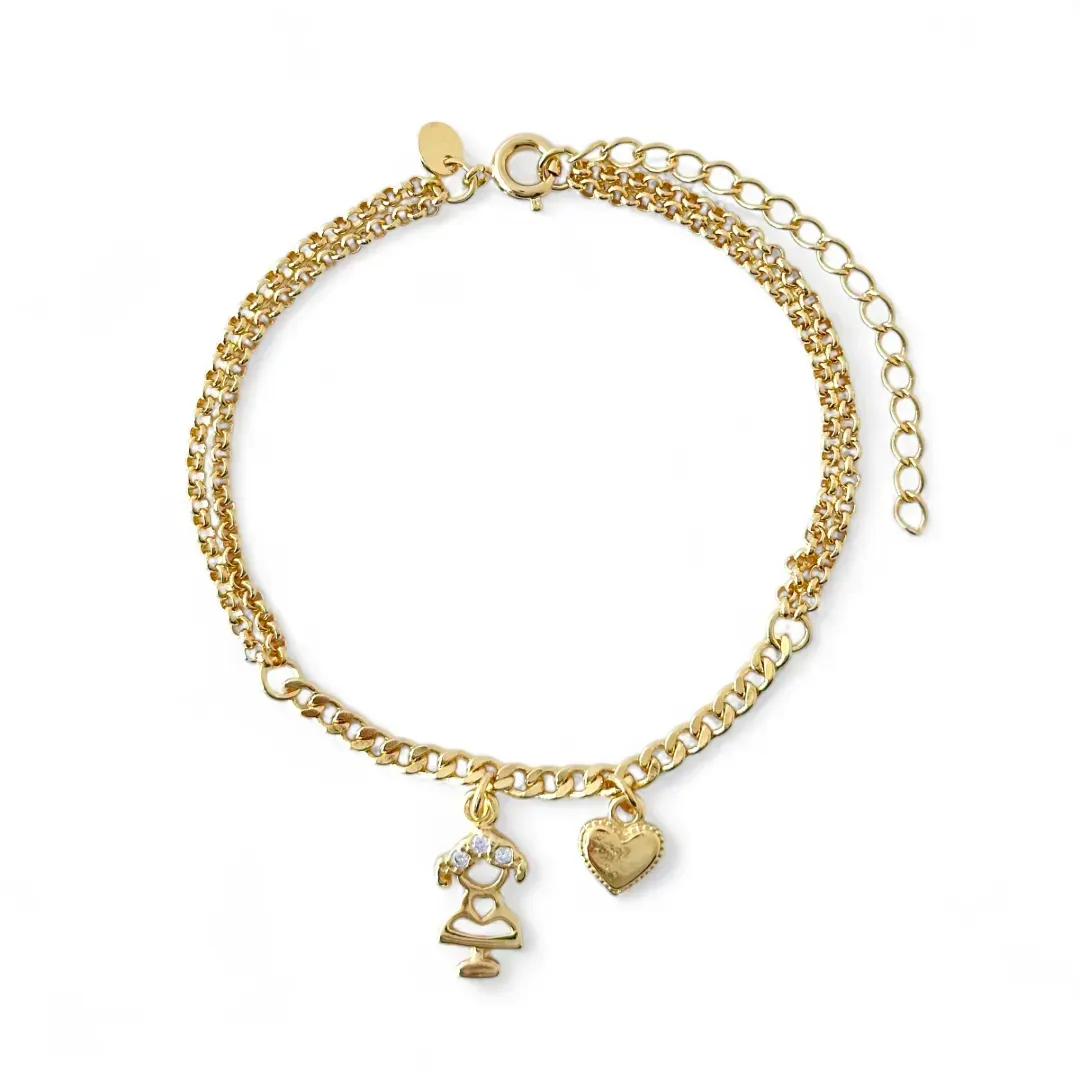 Pulseira Dupla Elo Português Banhada a Ouro 18k Menina com Zircônias + Coração 17cm + 5cm (alongador)