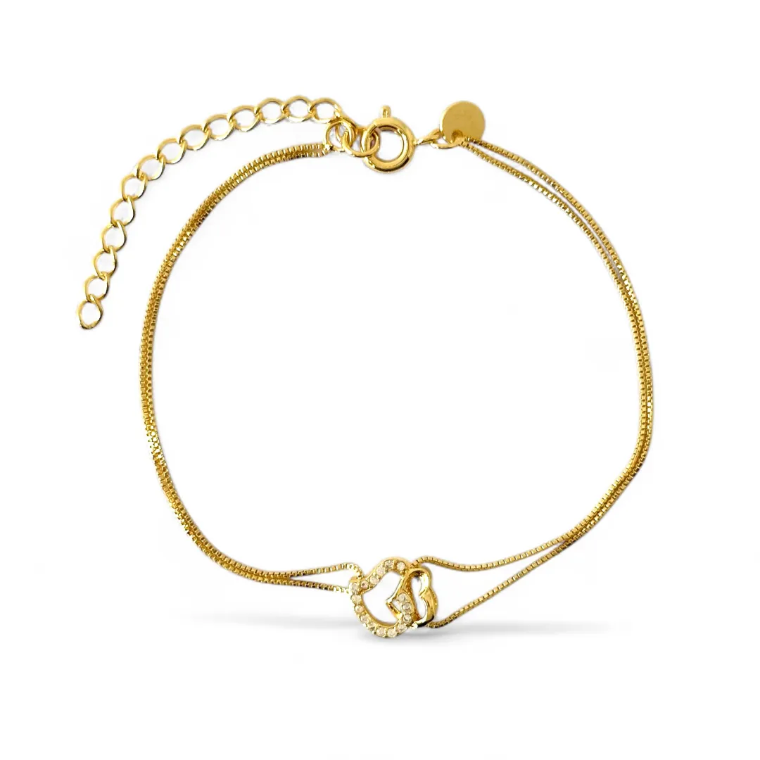 Pulseira Dupla Veneziana 2 Corações Banhada a Ouro 18k Liso e com Zircônias