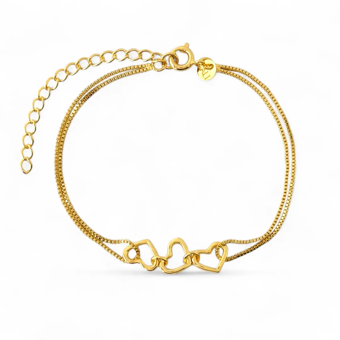 Pulseira Dupla Veneziana 3 Corações Entrelaçados Banhada a Ouro 18k Lisa