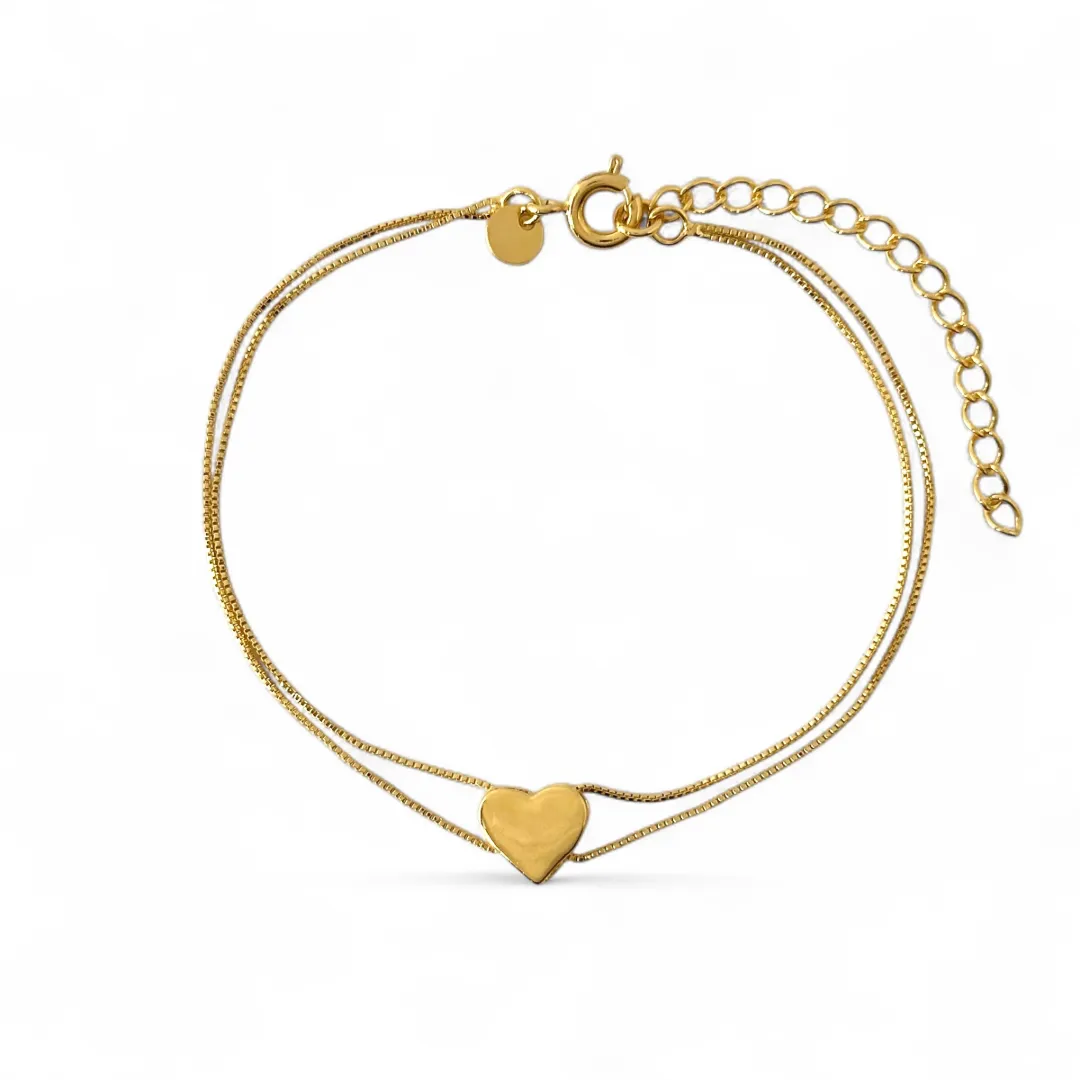 Pulseira Dupla Veneziana Coração Banhada a Ouro 18k