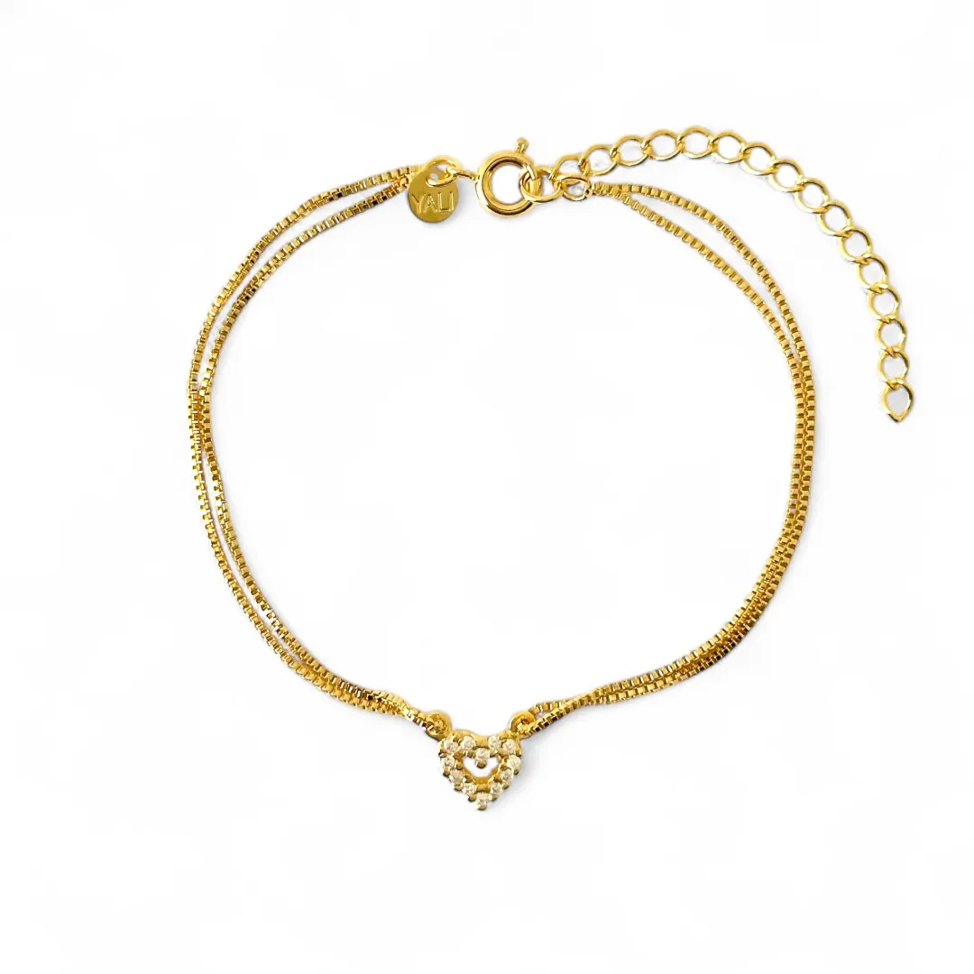 Pulseira Dupla Veneziana Coração Banhada a Ouro 18k com Zircônias
