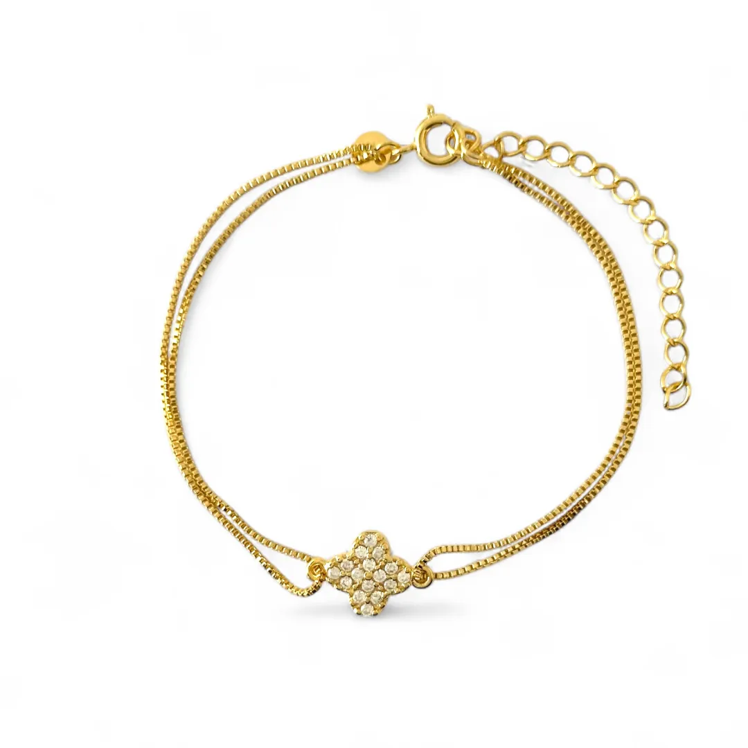 Pulseira Dupla  Veneziana Trevo Banhada a Ouro 18k com Zircônias
