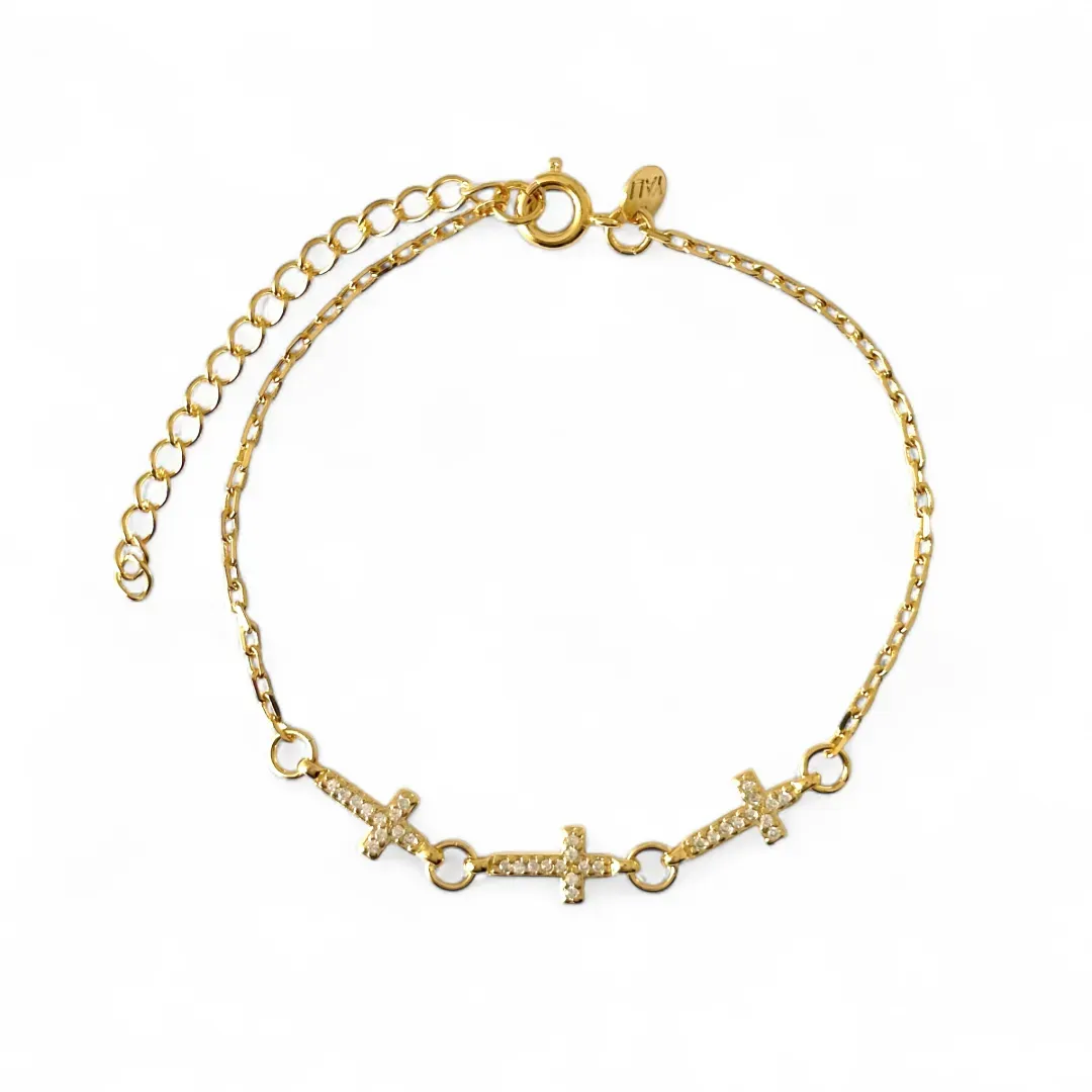 Pulseira Elo Cartier 3 Cruz Banhada a Ouro 18k com Zircônias