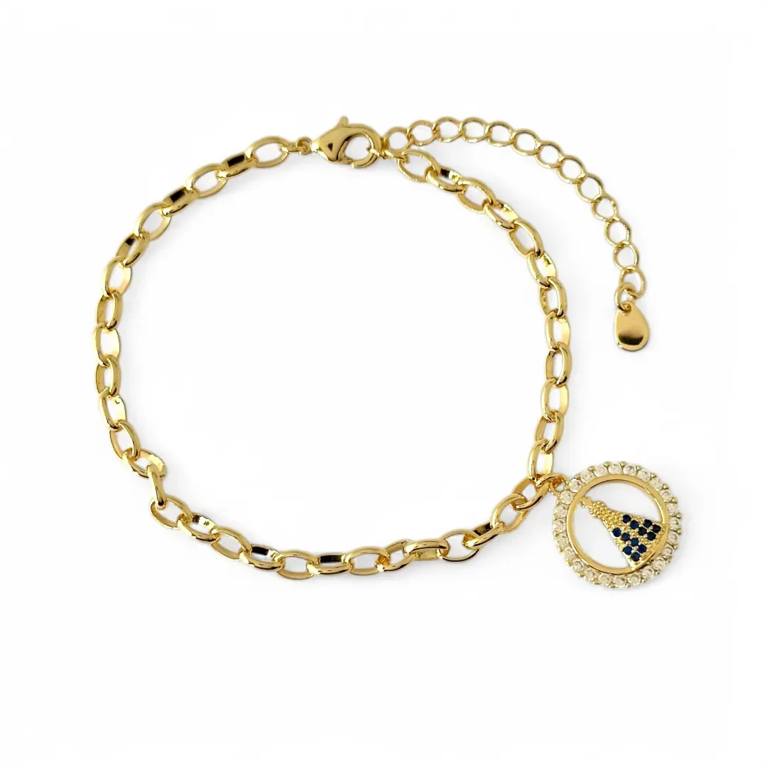 Pulseira Elo Medalha Nossa Senhora Zircônias Banhado a Ouro 18K