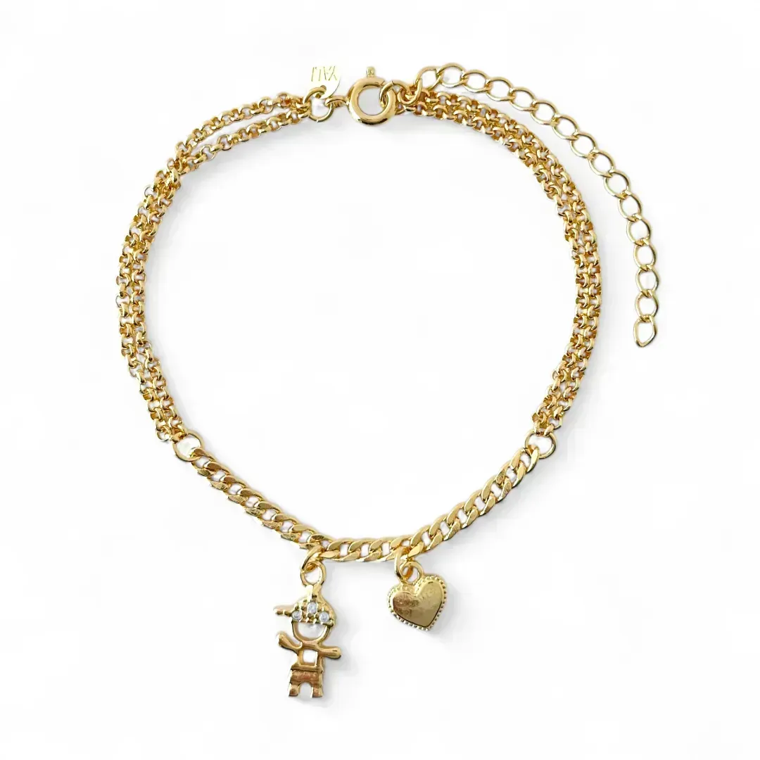 Pulseira Dupla Elo Português Banhada a Ouro 18k Menino com Zircônias + Coração 17cm + 5cm (alongador)