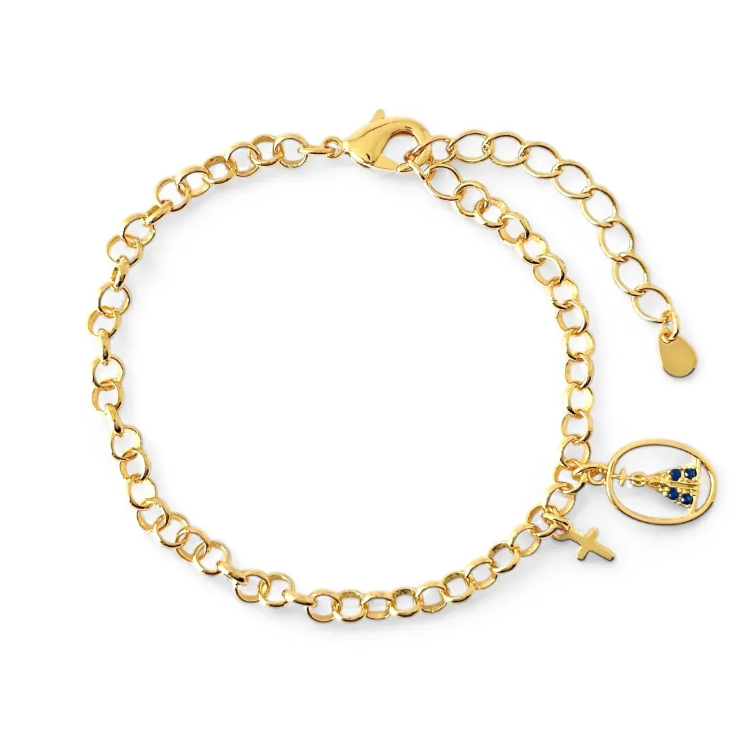 Pulseira Elo Português com Medalha Oval Nossa Senhora e Cruz Banhada a Ouro 18k