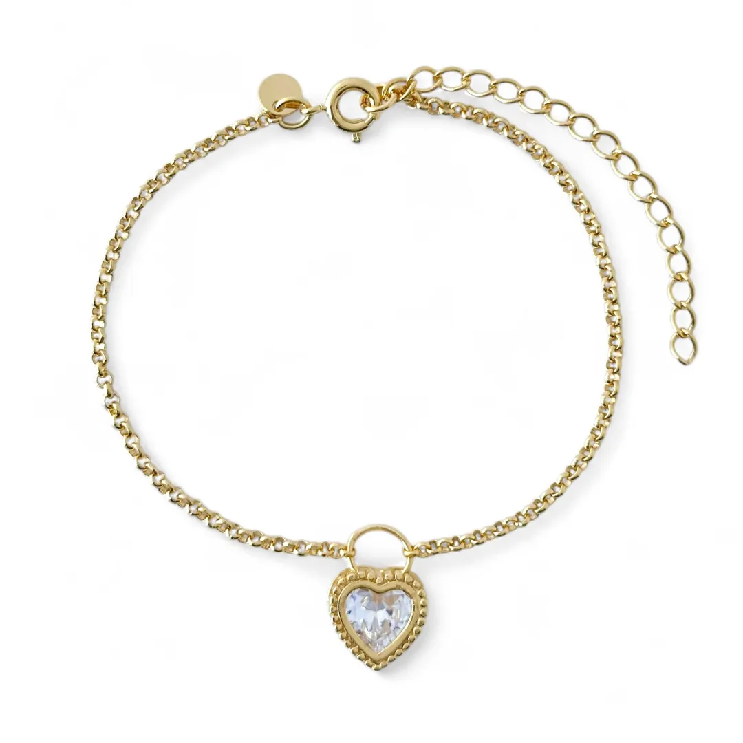 Pulseira Elo Português Coração Banhada a Ouro 18k com Zircônia