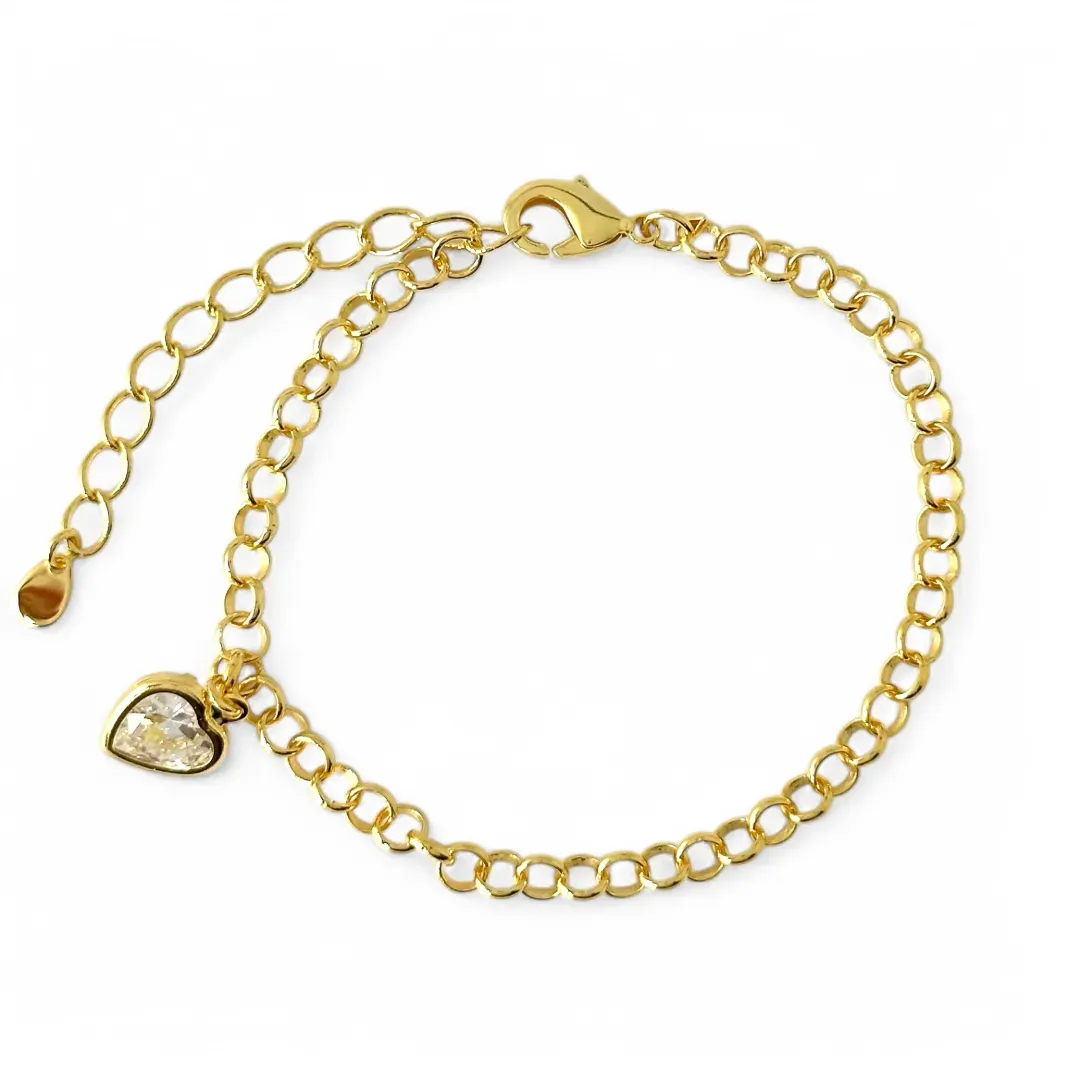 Pulseira Elo Português Coração Banhada a Ouro 18k com Zircônias