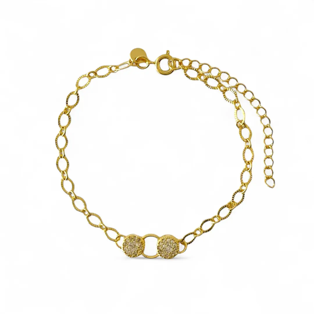 Pulseira Elo Trabalhado com Círculo Duplo Banhada a Ouro 18k com Zircônias
