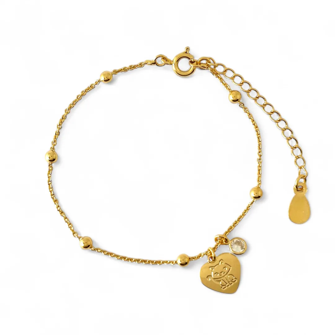 Pulseira Gato Coração Banhada a Ouro 18k com Bolinhas e Zircônia