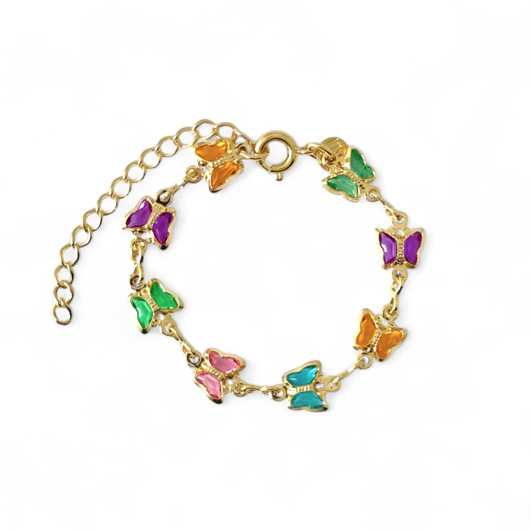 Pulseira Infantil Banhada a Ouro 18k Borboletas Coloridas - 12cm